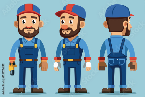 Handyman repair worker plumber in uniform character design with blue overalls and cap performing maintenance tasks in a studio setting