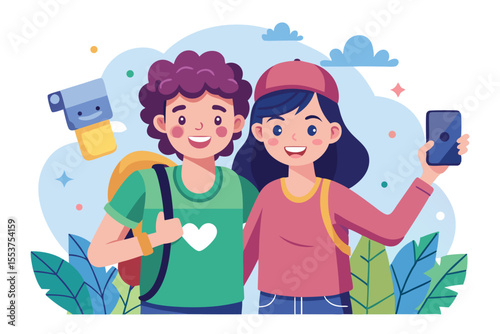 Best friends enjoy a joyful moment capturing a selfie together in a vibrant outdoor setting with lush greenery and playful clouds in the background