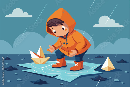 Child joyfully playing with paper boats on a rainy day while wearing a bright raincoat near puddles in a lively outdoor setting