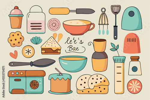 Colorful collection of baking utensils and kitchenware showcasing essential tools for creating delicious treats in a cheerful kitchen setting