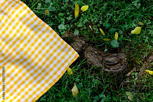 Yellow checkered picnic cloth, toweltop view on green grass background. Checked tablecloth empty advertisement space.Food promotion design template,blank.