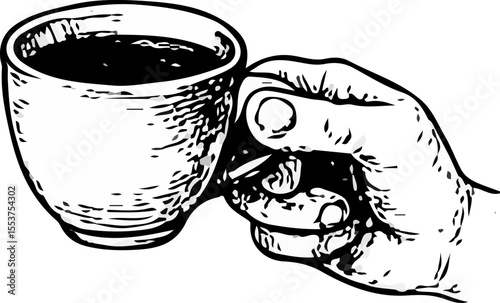 Detailed hand-drawn illustration of a hand gripping a coffee cup, captured in clean black-and-white line work