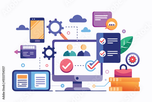 Concept of software development testing and deployment with digital tools, flowcharts, and communications for efficient project management and collaboration in a modern workspace
