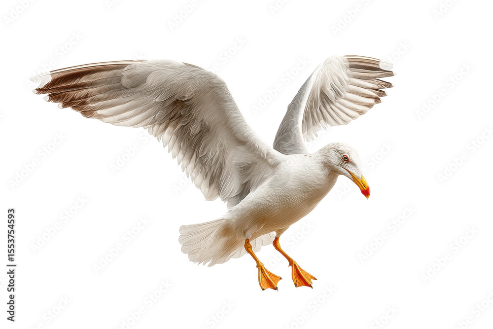 Obraz premium PNG Seagull in flight with wings spread against white background