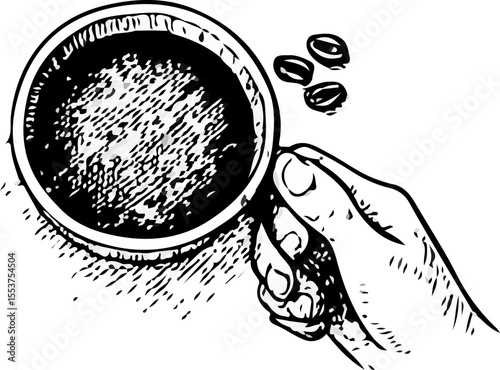 Detailed hand-drawn illustration of a hand holding a coffee cup with three coffee beans, in black-and-white style for lifestyle and café-themed artworks.