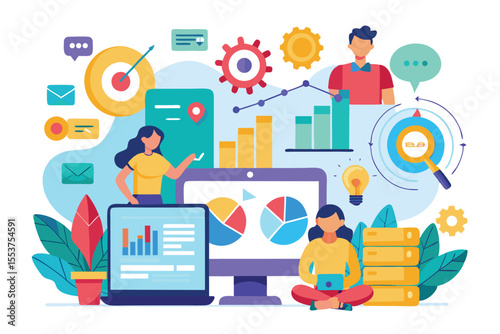 Marketing and data analytics illustrations showcasing professionals engaged in analysis with charts, graphs, and technology in a vibrant, modern workspace