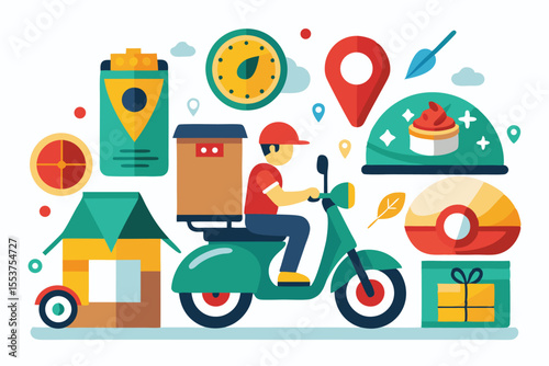 Colorful vector illustration featuring a big isolated motorcycle delivering food items with various icons and symbols showcasing delivery services and locations