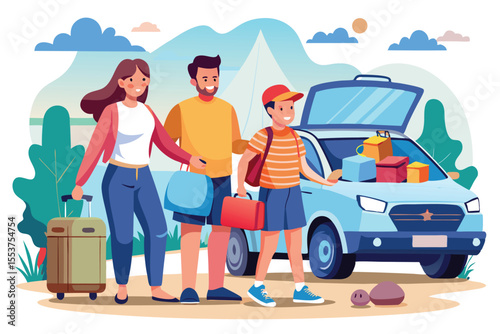 Family prepares for a fun day trip while loading their car with luggage and supplies on a sunny morning