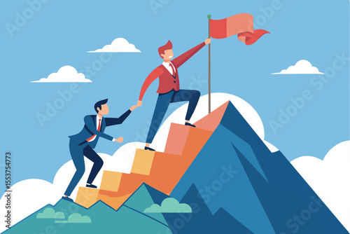 Businessman assists colleague in reaching goals while climbing a mountain of success in a collaborative office environment during a bright day