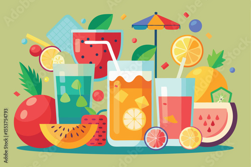 Colorful vector illustration showcasing refreshing lemonade cocktails with vibrant fruits in a summer setting perfect for enjoyment at a casual gathering or festive occasion