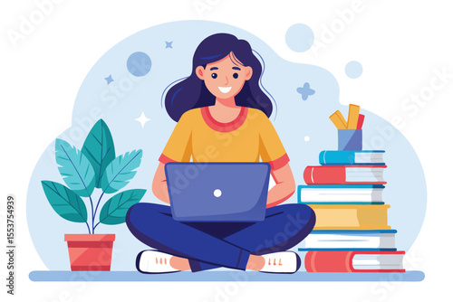 Girl with laptop sitting on stacked books while completing school assignment in a cozy study area during the afternoon