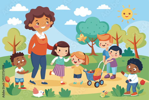 Kindergarten group of children engaging in outdoor play with a teacher in a colorful park setting under a bright sunny sky