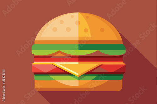 Flat geometric layers create a simple burger illustration showcasing vibrant colors and clean lines, perfect for graphic design projects or food-related concepts