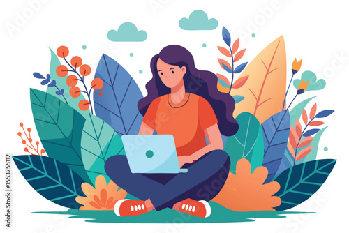 Woman working on a laptop surrounded by colorful foliage on a sunny day enjoying the beauty of nature and the tranquility it provides for productivity