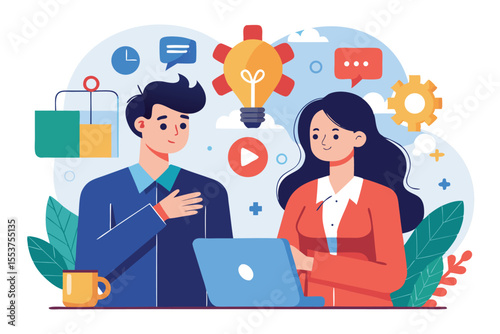 Thoughtful man and woman brainstorming creative solutions in an office setting, surrounded by various digital icons symbolizing ideas and collaboration in the afternoon light