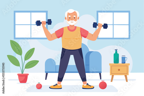 Elderly man engaged in a home fitness routine while exercising with dumbbells in a bright living room setting
