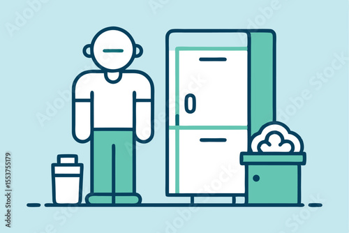 Person standing next to a refrigerator and trash bin in a simplistic line icon style on a light blue background showcasing daily kitchen life
