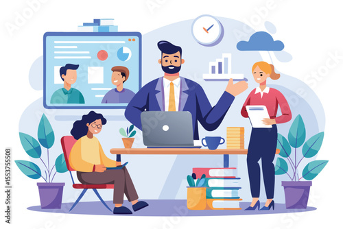 Flat design illustration showcasing a business presentation in a modern office setting with engaged participants discussing ideas and strategies