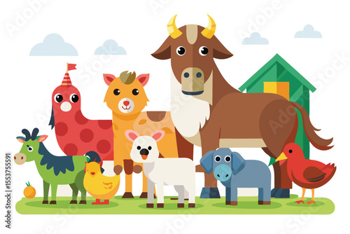 Colorful flat style farm animals gathered around a green meadow with a barn and clouds in the background during daytime