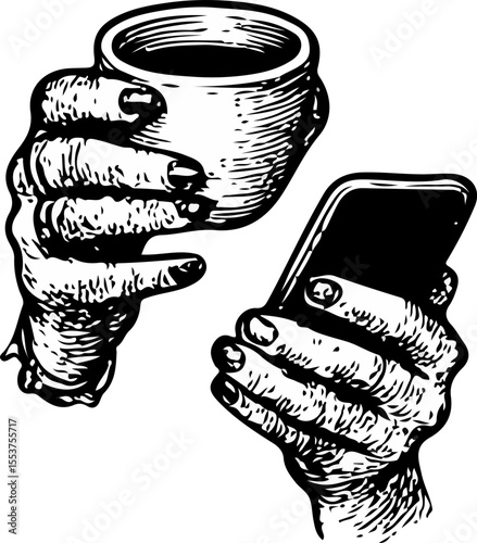 Hand multitasking with coffee and smartphone, illustrated with detailed ink line texture for modern lifestyle themes