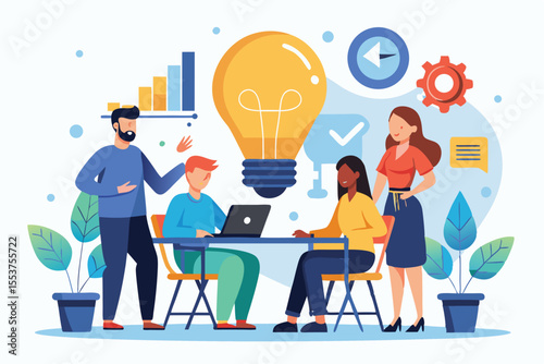 Team collaborates on the idea presentation of a new business project in a modern workspace with visuals and tools to enhance creativity and discussion