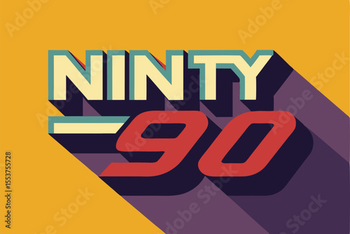 Logo design featuring a long shadow effect showcasing the numbers Ninety in a modern retro style on a vibrant yellow background