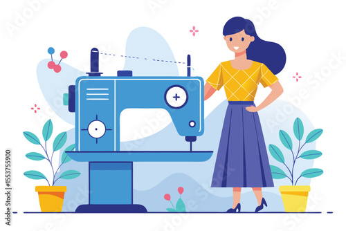 Woman engages in sewing while standing next to a vibrant sewing machine surrounded by decorative plants in a bright, creative workspace