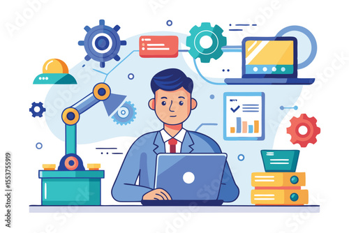 Analyst engaged in automation process while working at a laptop in a tech-driven workspace filled with gears and devices
