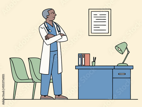 Serious Male Doctor in White Coat Standing with Arms Crossed in Medical Office Setting