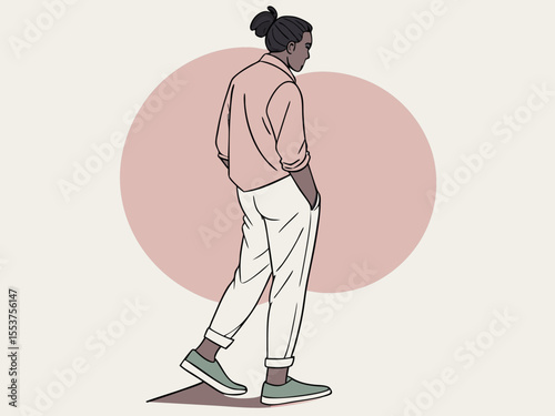 Slim Male Figure with Messy Bun Facing Side Wearing White Pants and Green Shoes
