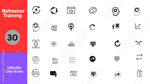 Refresher Training and Skill Refresh Editable Line Icons - Vector Icon Set for Corporate Learning, Continuous Education, and Professional Development