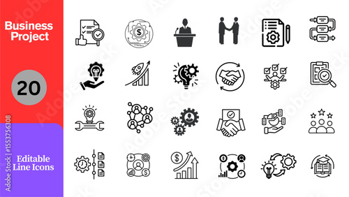 Business Project Management and Teamwork Editable Line Icons - Vector Icon Set for Strategy, Collaboration, and Workflow