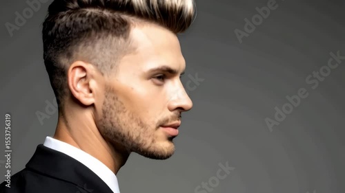 Handsome male model profile showcasing modern undercut hairstyle and formal attire against a neutral gray backdrop in studio setting