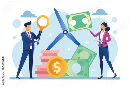 Business professionals collaborate to cut financial restrictions as they use scissors on dollar bills amidst coins and stacks, showcasing a bold approach to financial management strategies