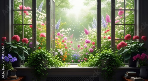 Fototapeta Naklejka Na Ścianę i Meble -  A beautiful and enchanting view through an open window into a magical, dreamlike cottage garden bursting with an abundance of colorful flowers.
