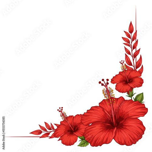 red hibiscus flower corner frame vector illustration isolated