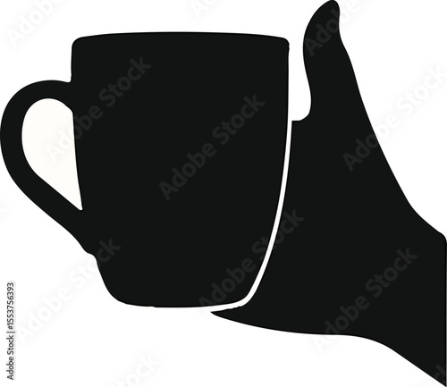 Set of stylized hand silhouettes holding mugs and cups in various positions, bold contrast for graphic impact