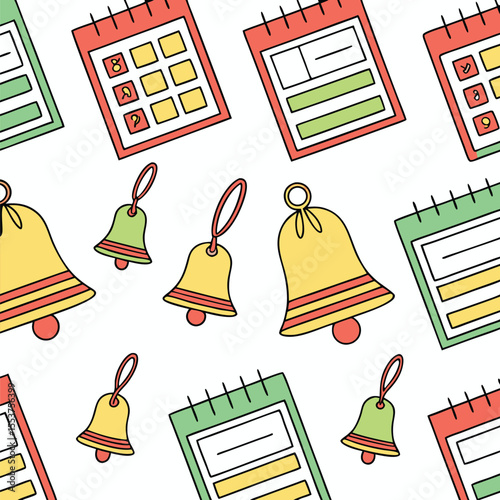 Calendars and bells create a seamless doodle pattern against the pristine white backdrop