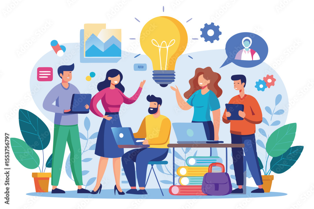 Fototapeta premium Collaboration among professionals in a brainstorming session with digital tools in a modern workspace