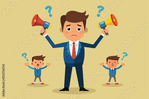 Confused businessman trying to manage conflicting priorities with megaphones in a simplified office environment