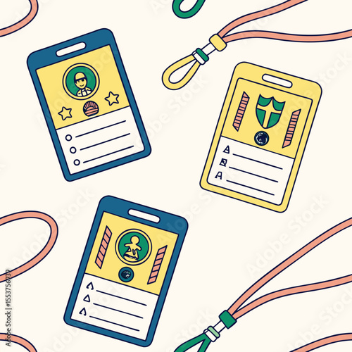 Illustrated pattern showcases diverse identification badges each displaying unique employee profile details and lanyards
