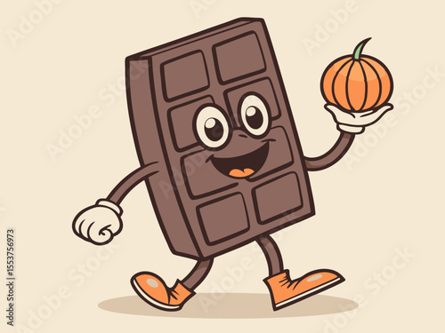 Cute Cartoon Chocolate Bar Character Holding Pumpkin with Happy Expression on Beige Background