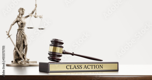 Class Action:: Judge's Gavel as a symbol of legal system, Themis is the goddess of justice and wooden stand with text word