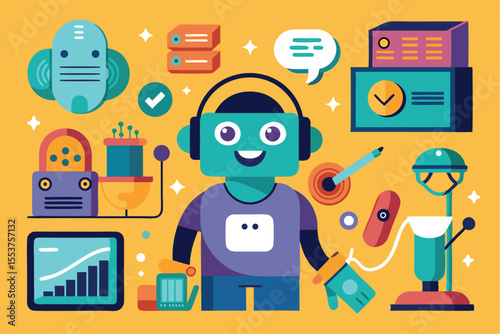 Diverse collection of robotic icons showcasing various designs and functionalities in a colorful arrangement