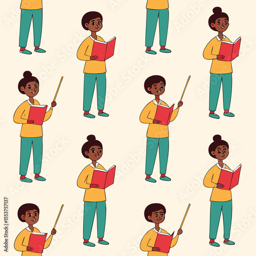 Seamless pattern shows African instructors each holding book and pointer in a playful style