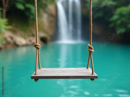Wooden Swing Hanging Over Turquoise Water Near Lush Waterfall


