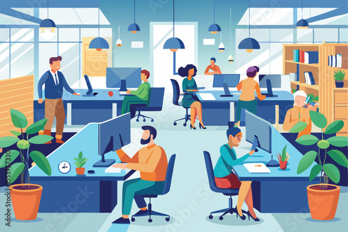 Vector illustration of a collaborative open space office environment featuring diverse businesspeople engaged in various professional activities during a typical workday