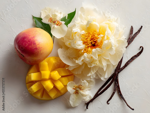 Wallpaper Mural A gourmet still life with fresh peach, sliced mango, a peony flower, and aromatic vanilla beans. Torontodigital.ca