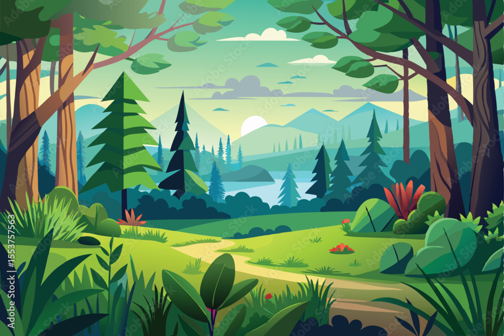 Fototapeta premium Lush forrest landscape at dawn with vibrant greenery and serene water view near distant mountains