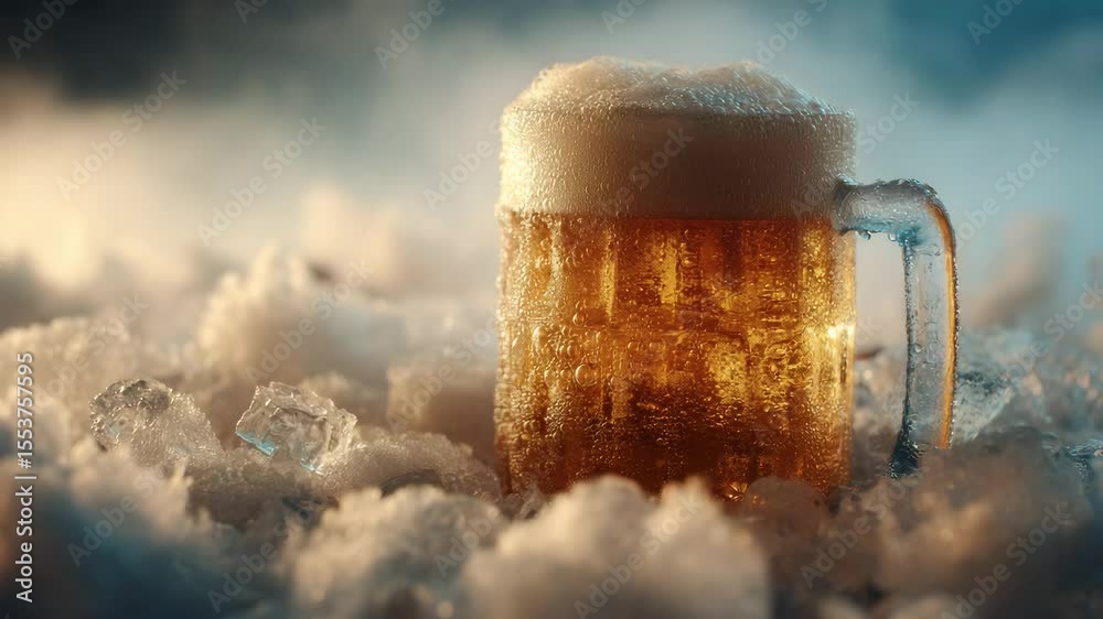 Ice cold mug of beer with a thick foam head, sitting in a pile of fresh snow and ice. Frosty and refreshing alcoholic beverage concept for winter or a celebration.

